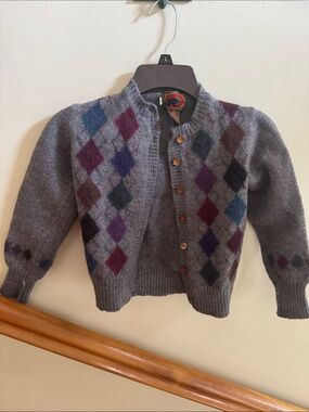 Boston Traders Gray Argyle Knit Cardigan with Multicolor Diamonds 100% wool